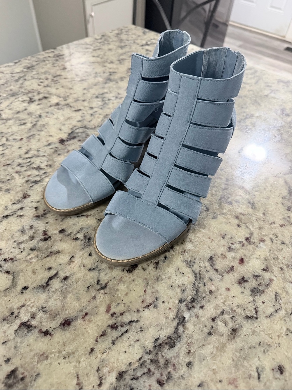 Strappy Open-Toe Ankle Heels in Light Blue